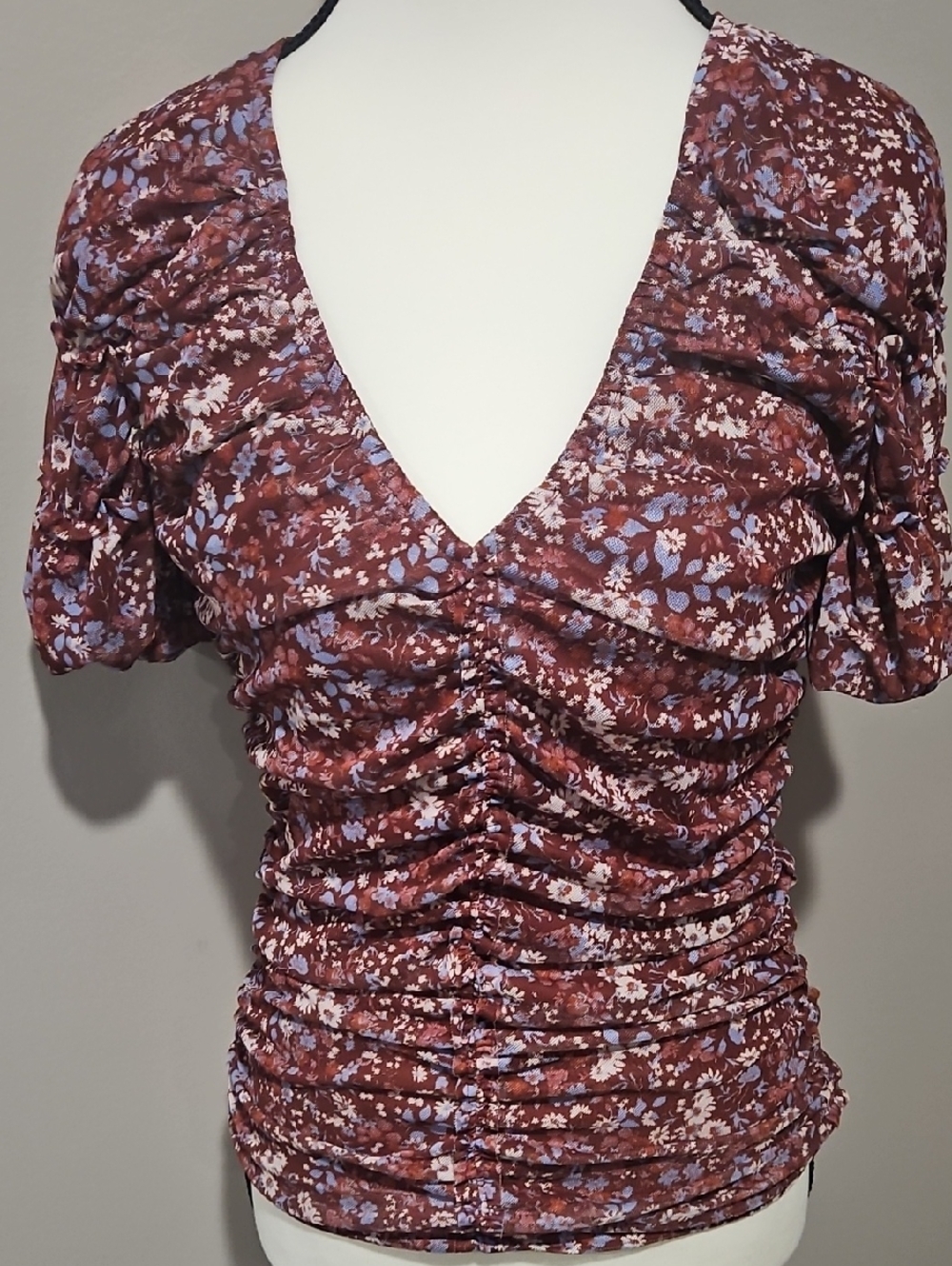 Anthropologie Reddish Burgundy Floral Ruched V-Neck Top with Light Blue Accents